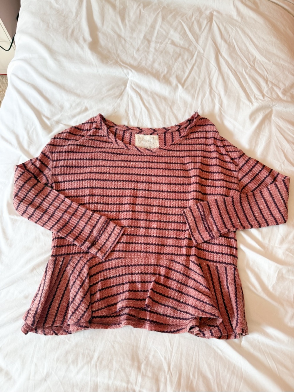 Free People We The Free Pink Striped Thermal Waffle Knit Peplum Top Size XS